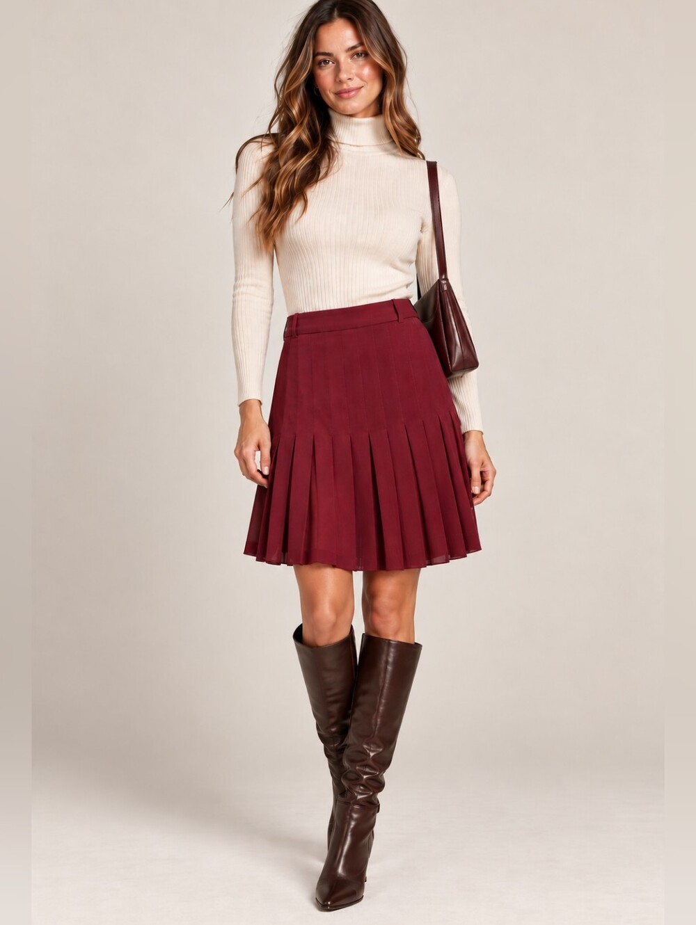 BCBGMAXAZRIA Burgundy Pleated Midi Skirt Belt Loops Size 4